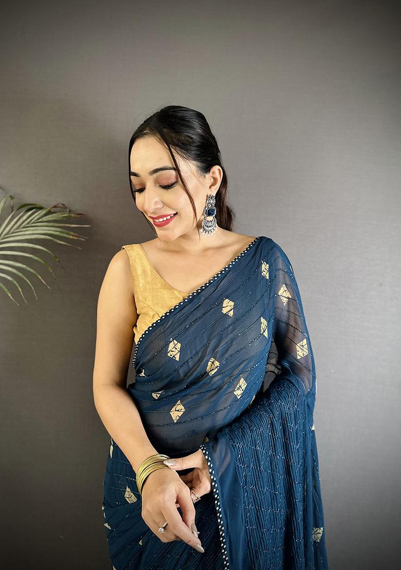 Blue Polka Dot Pattern Silk Saree Set - Indya