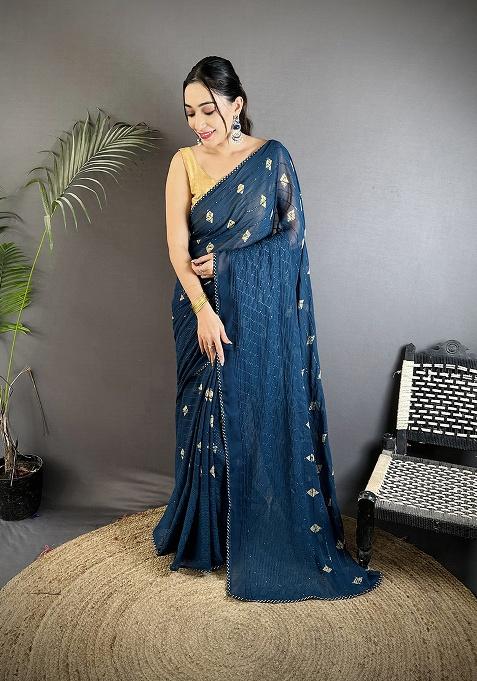 Blue Polka Dot Pattern Silk Saree Set