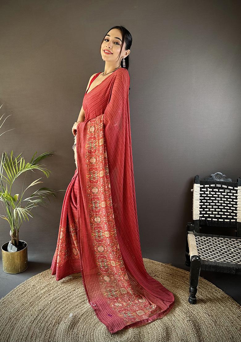 Red Foil Work Silk Saree Set - Indya