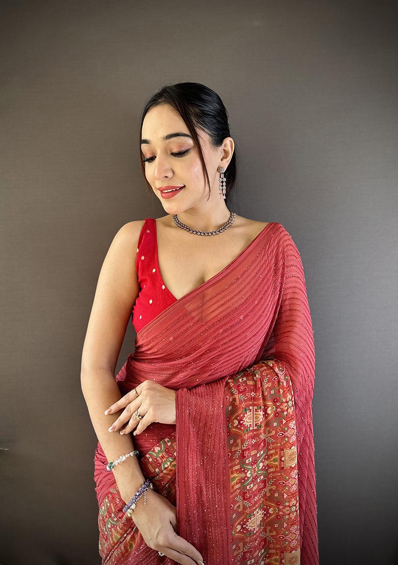 Red Foil Work Silk Saree Set - Indya