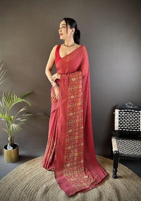 Red Foil Work Silk Saree Set