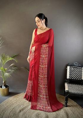 Royal Red Foil Work Silk Saree Set