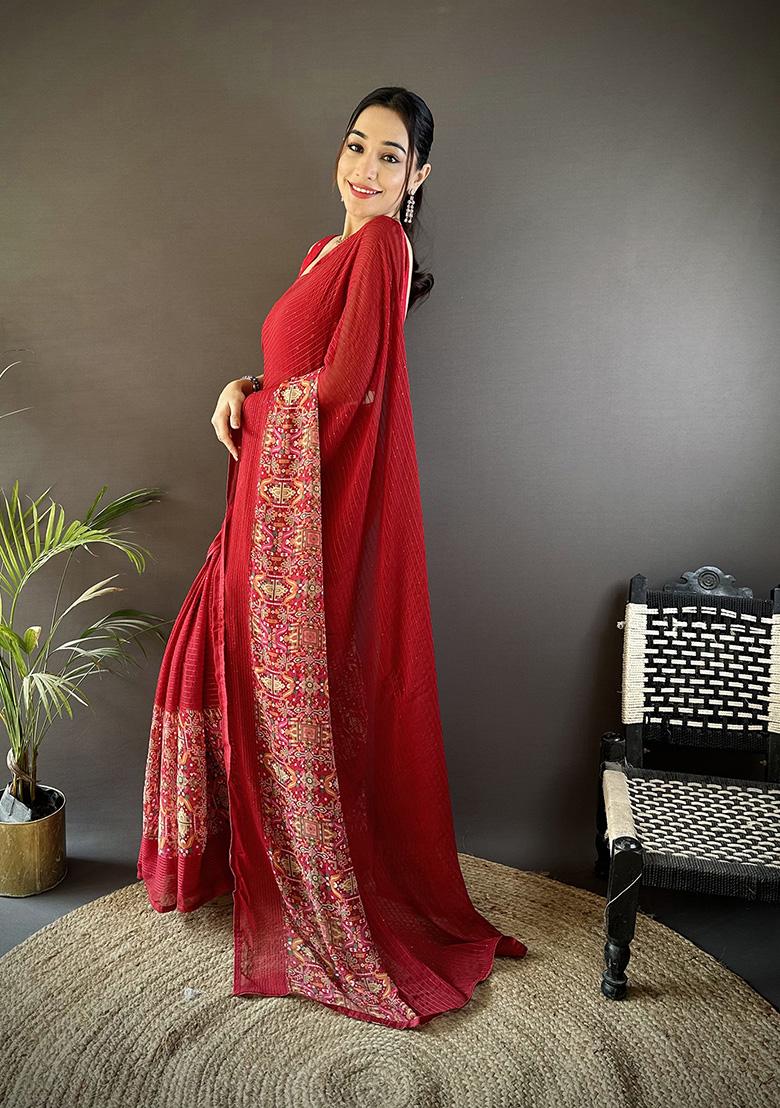 Royal Red Foil Work Silk Saree Set - Indya