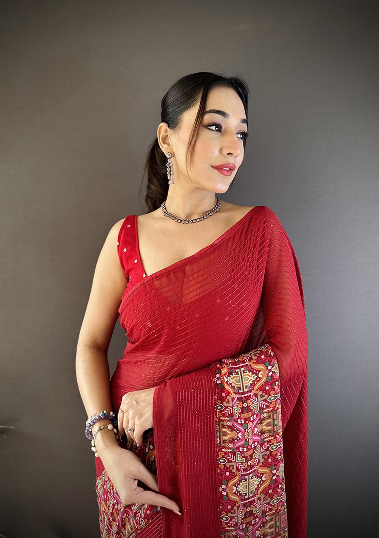 Royal Red Foil Work Silk Saree Set - Indya