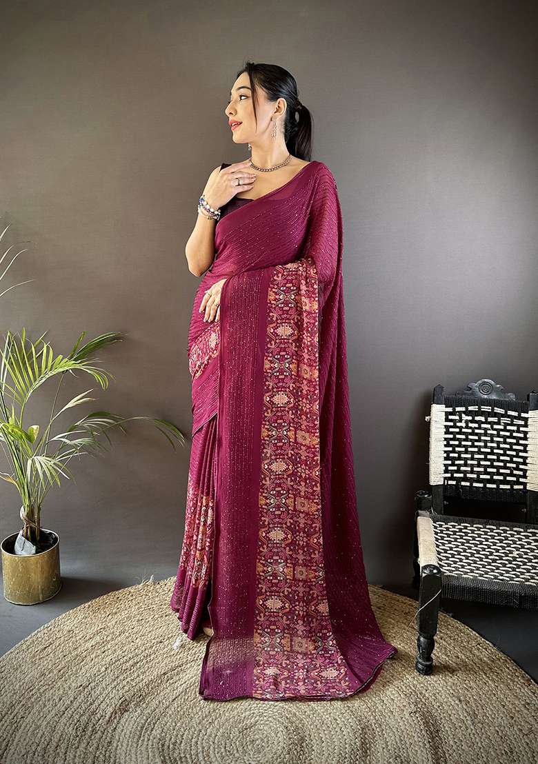 Wine Foil Work Silk Blend Saree Set for Diwali and Festive Wear - Indya