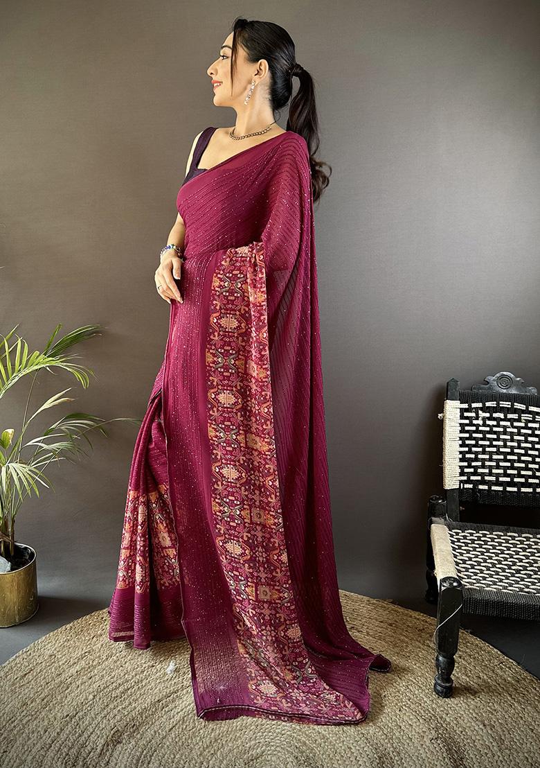 Wine&nbsp; Foil Work Silk Saree Set - Indya
