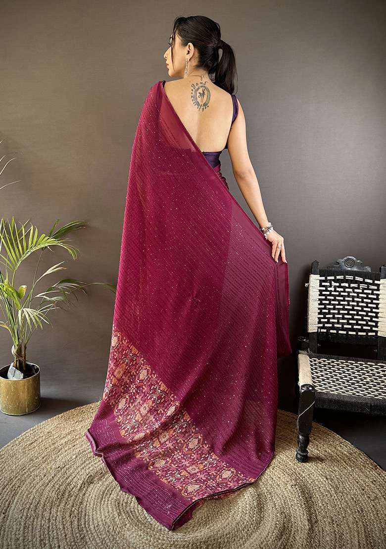 Wine Foil Work Silk Blend Saree Set for Diwali and Festive Wear - Indya