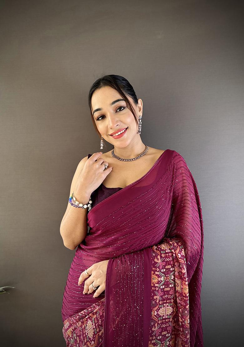 Wine&nbsp; Foil Work Silk Saree Set - Indya