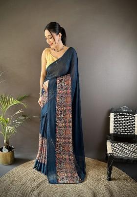 Blue Foil Work Silk Blend Saree Set