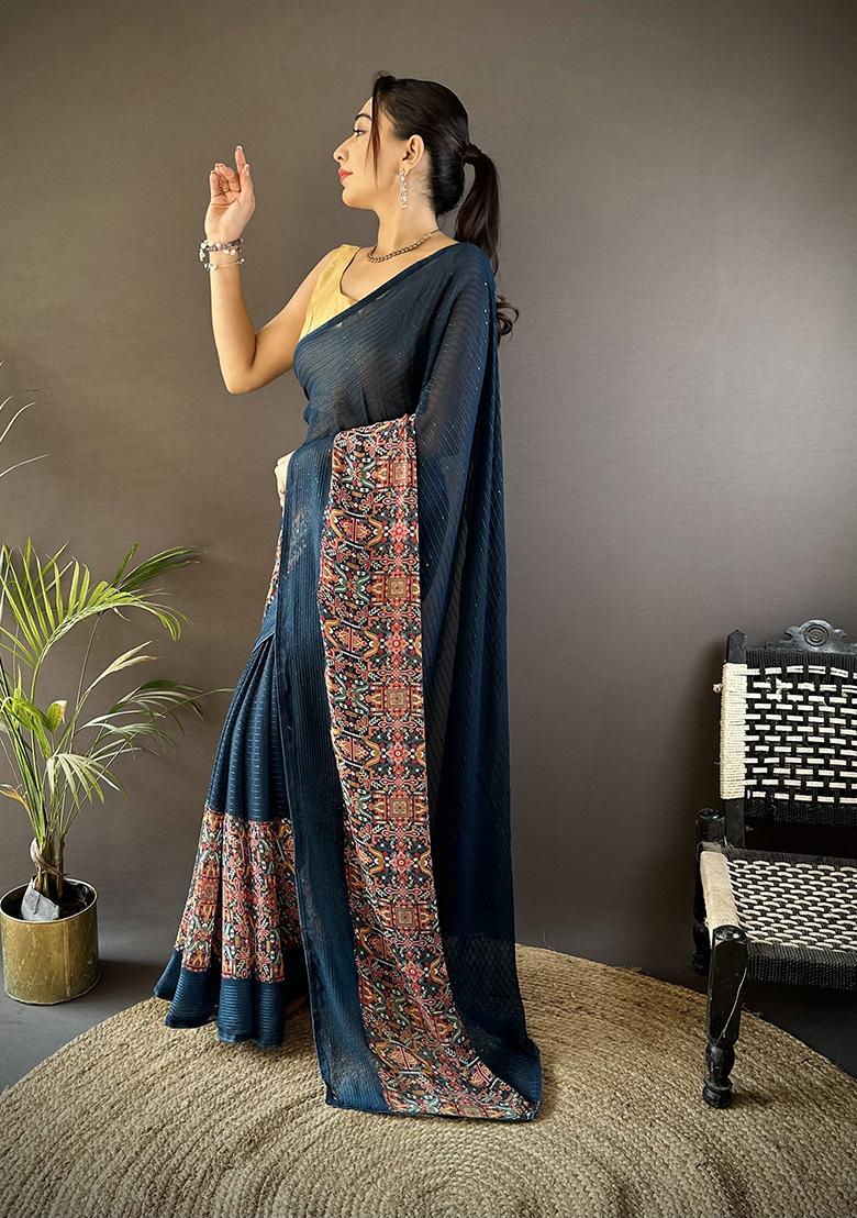Blue Foil Work Silk Saree Set - Indya