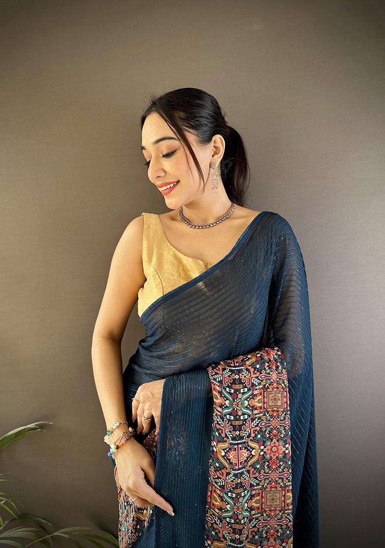 Blue Foil Work Silk Saree Set - Indya