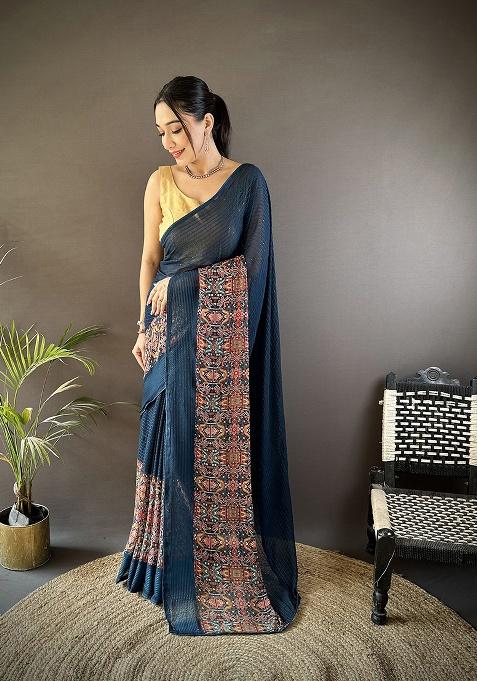 Blue Foil Work Silk Saree Set