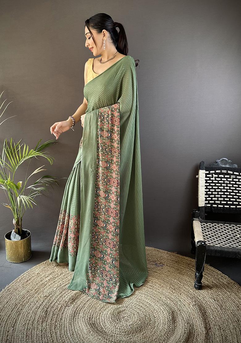 Mehendi Green Foil Work Silk Saree Set - Indya