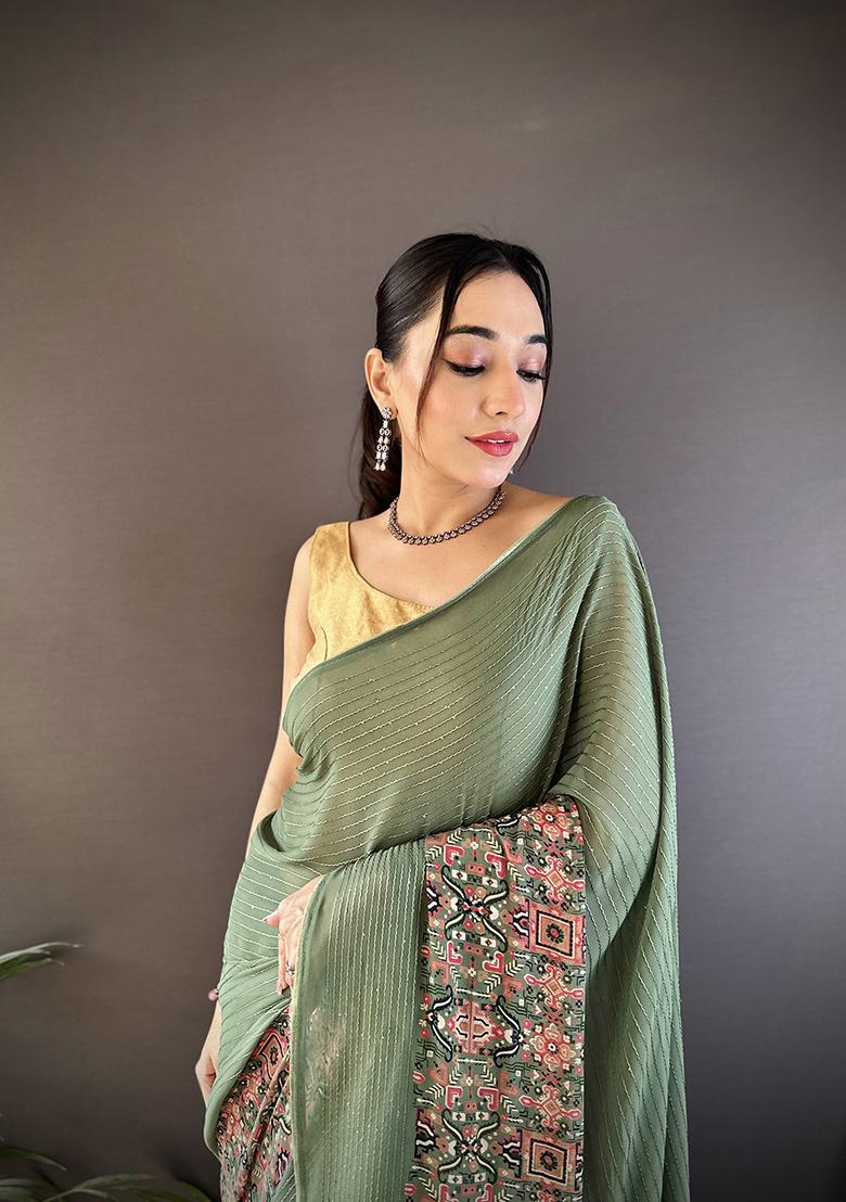 Mehendi Green Foil Work Silk Saree Set - Indya