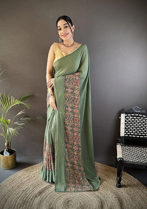 Mehendi Green Foil Work Silk Saree Set