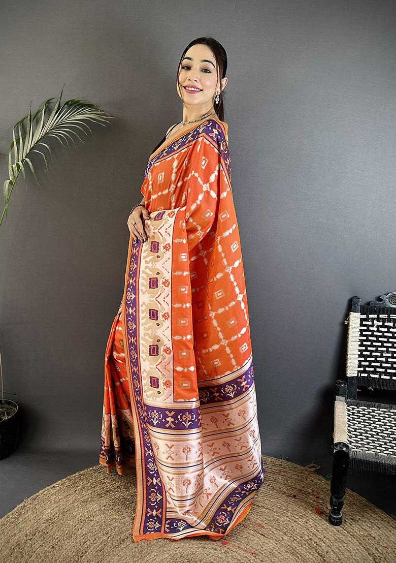 Orange Motif Silk Saree Set - Indya