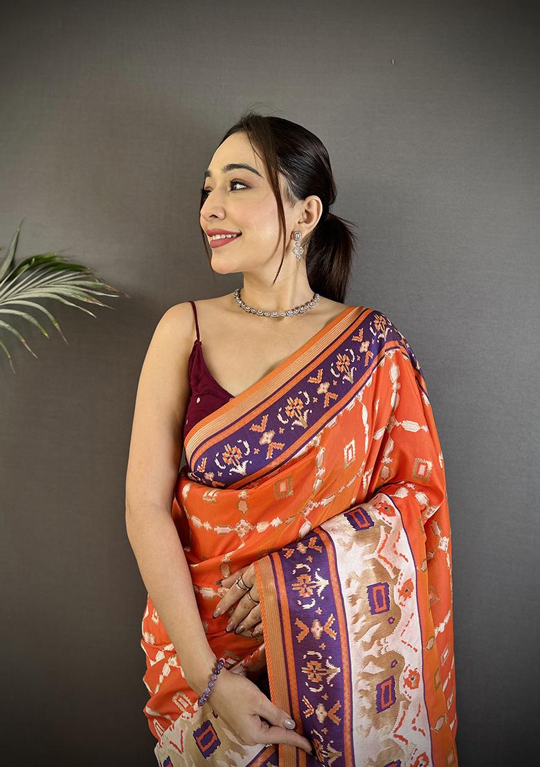 Orange Motif Silk Saree Set - Indya