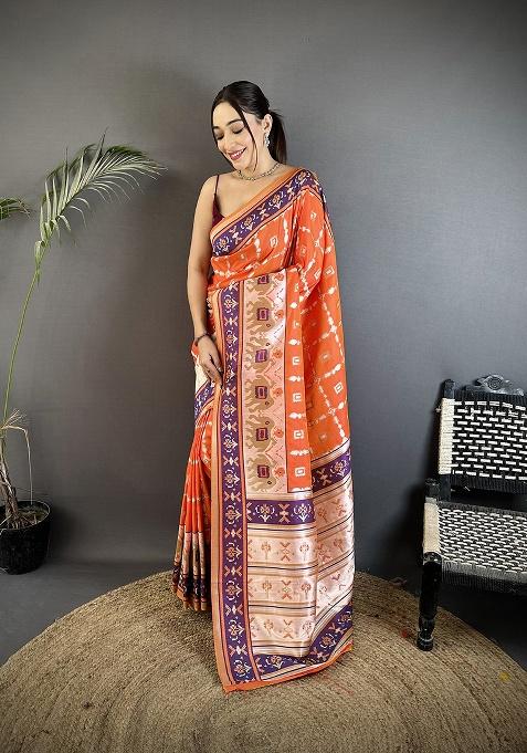 Orange Motif Silk Saree Set