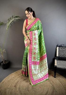 Parrot Green Motif Silk Saree Set