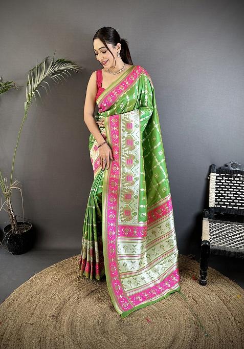 Parrot Green Motif Silk Saree Set