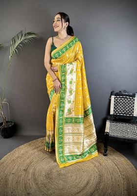 Yellow&nbsp; Motif Silk Saree Set
