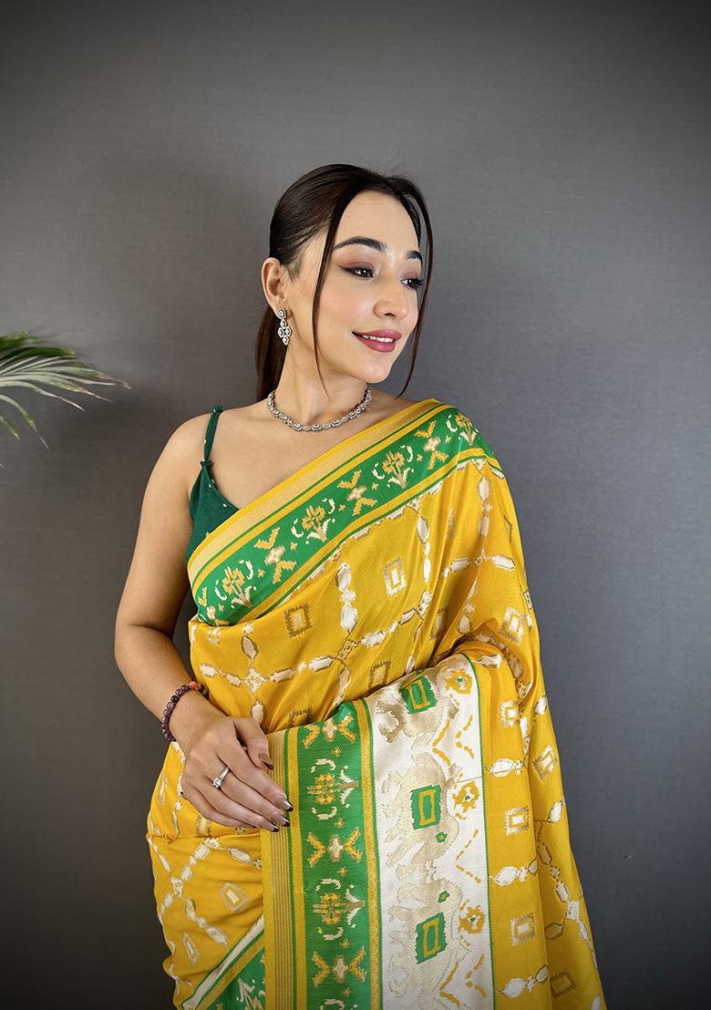 Yellow&nbsp; Motif Silk Saree Set - Indya
