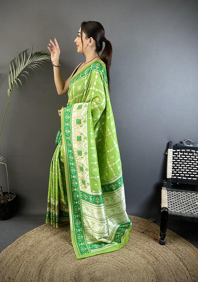 Pear Green Motif Silk Saree Set - Indya