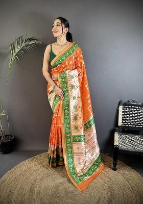 Orange Motif Silk Saree Set