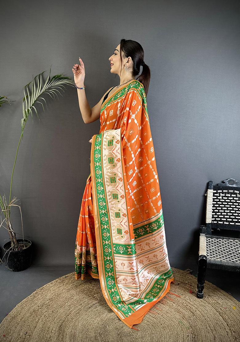 Orange Motif Silk Saree Set - Indya
