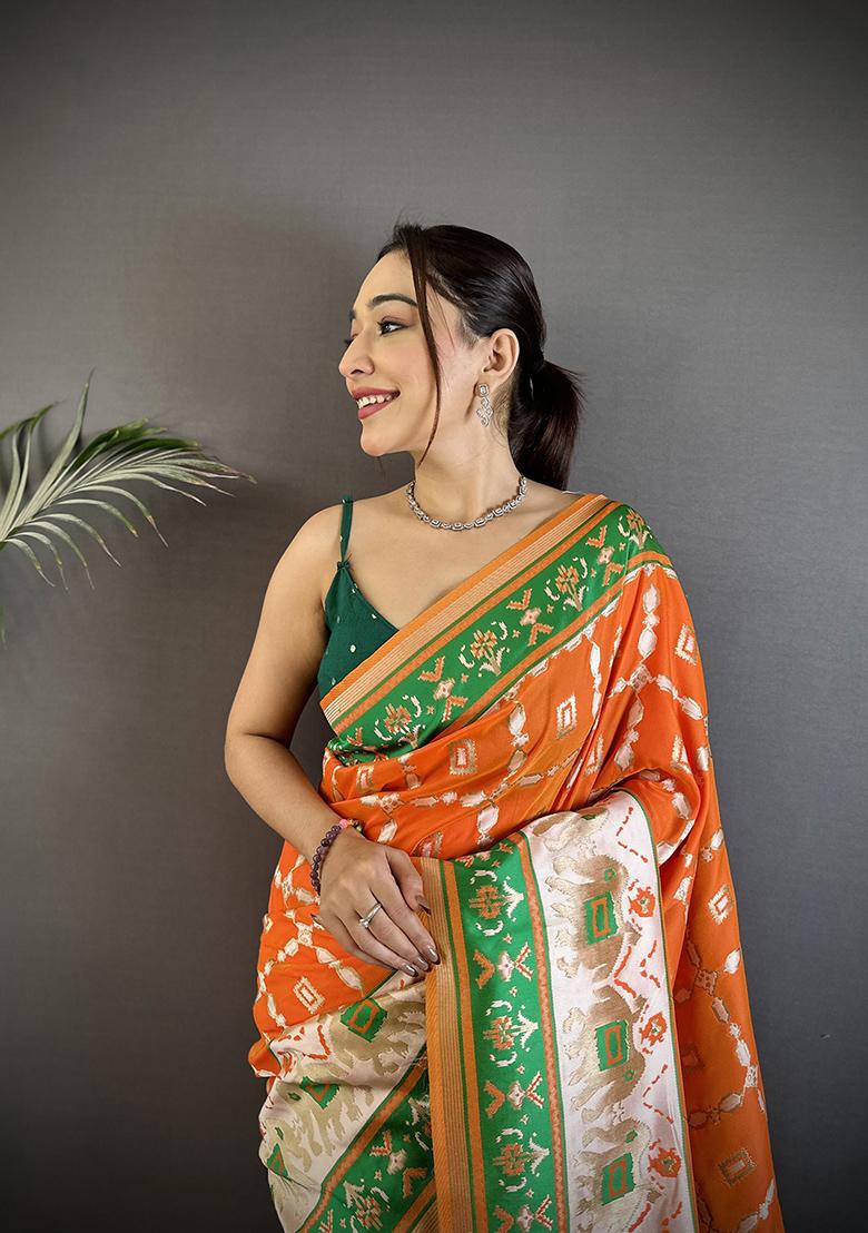 Orange Motif Silk Saree Set - Indya