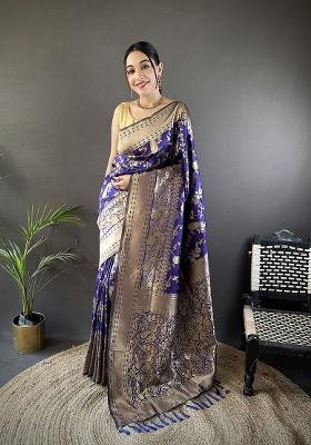 Royal Blue Floral Print Silk Saree Set