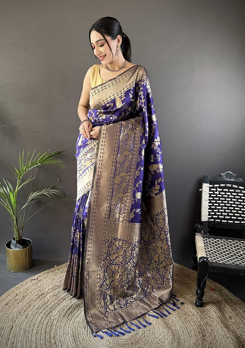 Royal Blue Floral Print Silk Saree Set - Indya