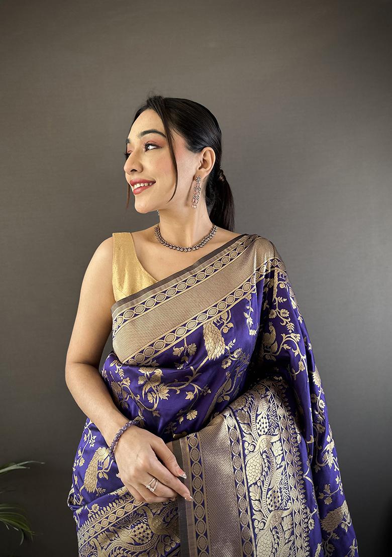 Royal Blue Floral Print Silk Saree Set - Indya