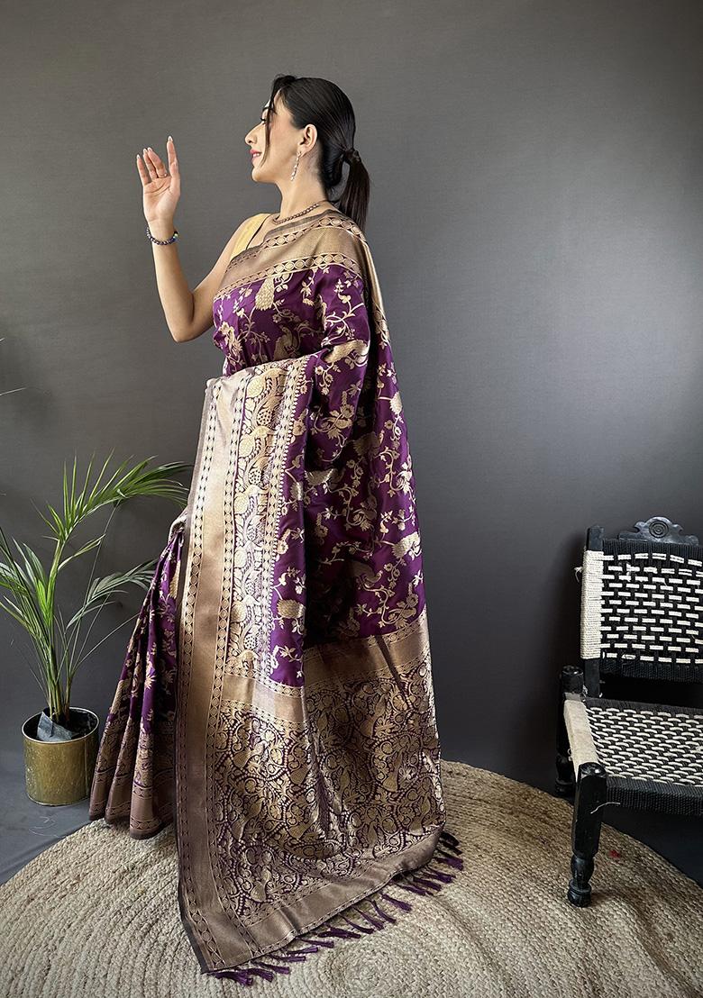 Dark Purple Floral Print Silk Saree Set - Indya