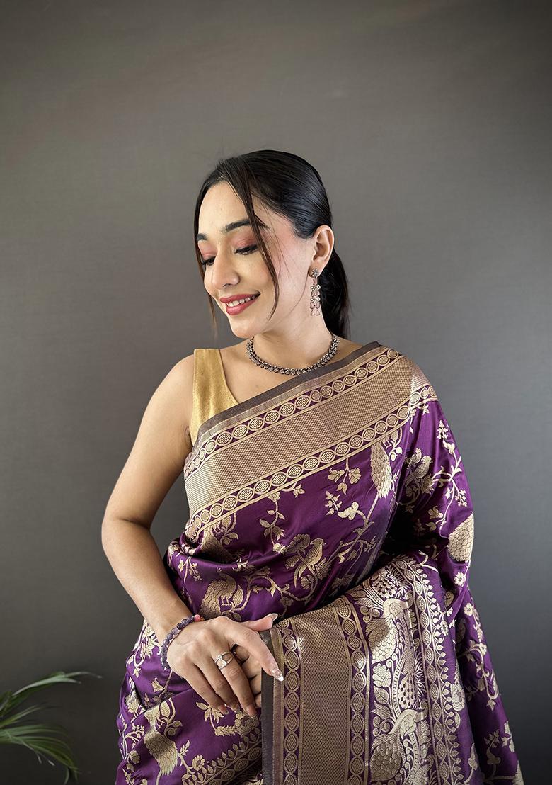 Dark Purple Floral Print Silk Saree Set - Indya