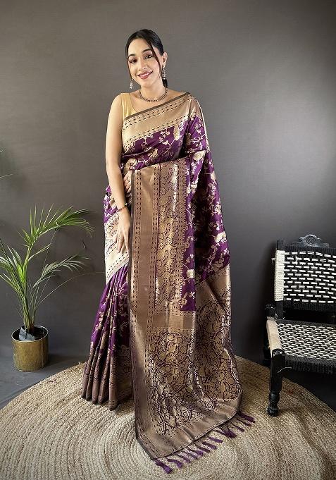 Dark Purple Floral Print Silk Saree Set