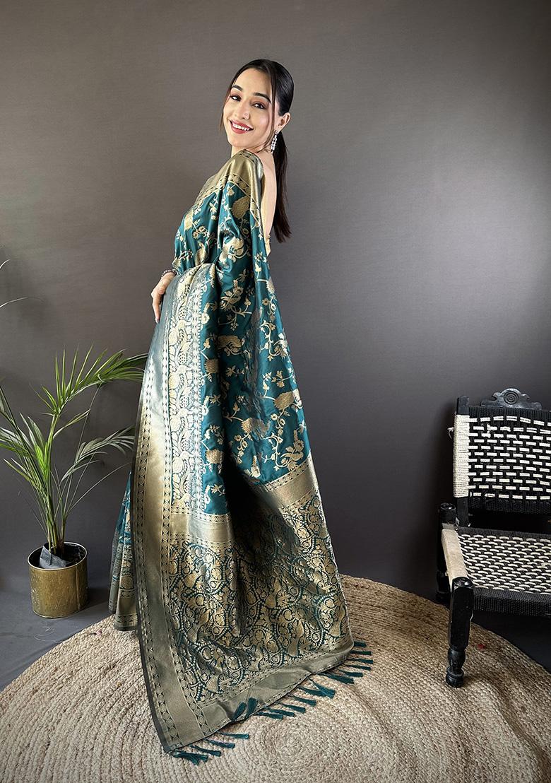 Teal Blue Floral Print Silk Saree Set - Indya