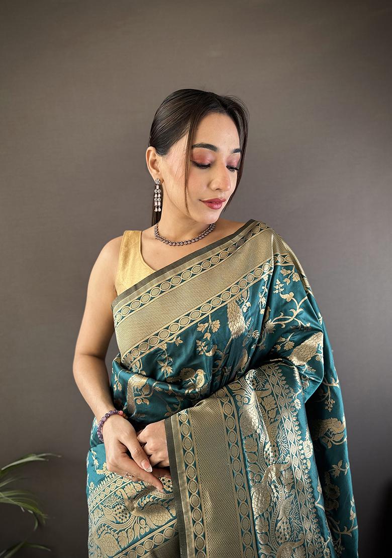 Teal Blue Floral Print Silk Saree Set - Indya