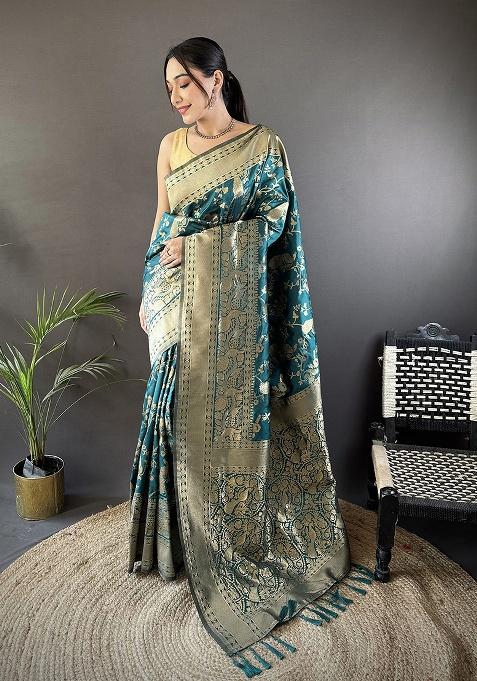 Teal Blue Floral Print Silk Saree Set