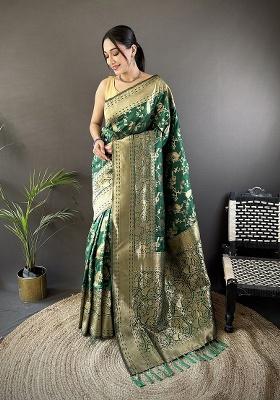 Dark Green Floral Print Silk Saree Set