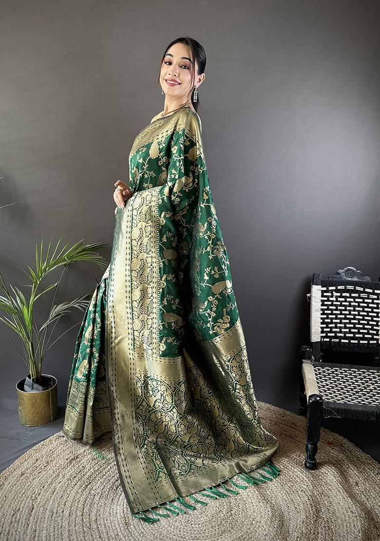 Dark Green Floral Print Silk Saree Set - Indya