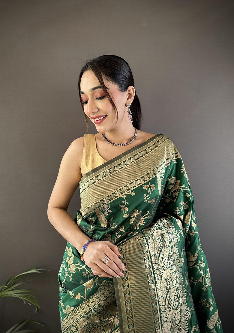 Dark Green Floral Print Silk Saree Set - Indya