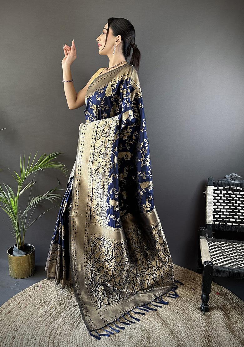 Navy Blue Floral Print Silk Saree Set - Indya