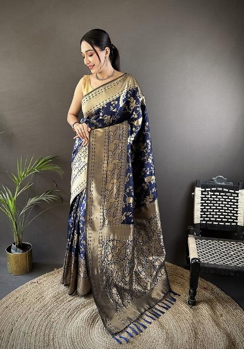 Navy Blue Floral Print Silk Saree Set