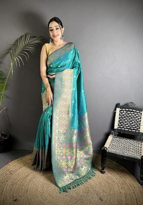 Teal Green Multicolour Minakari Weaving Silk Saree Set