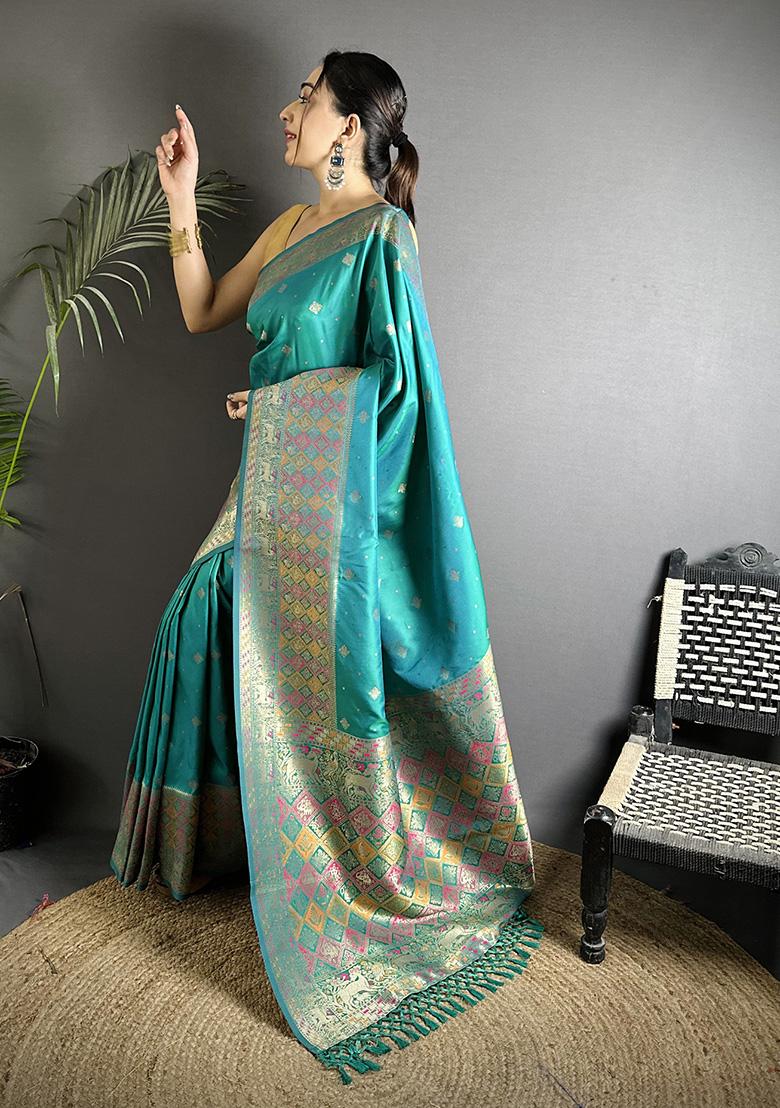 Teal Green Multicolour Minakari Weaving Silk Saree Set - Indya