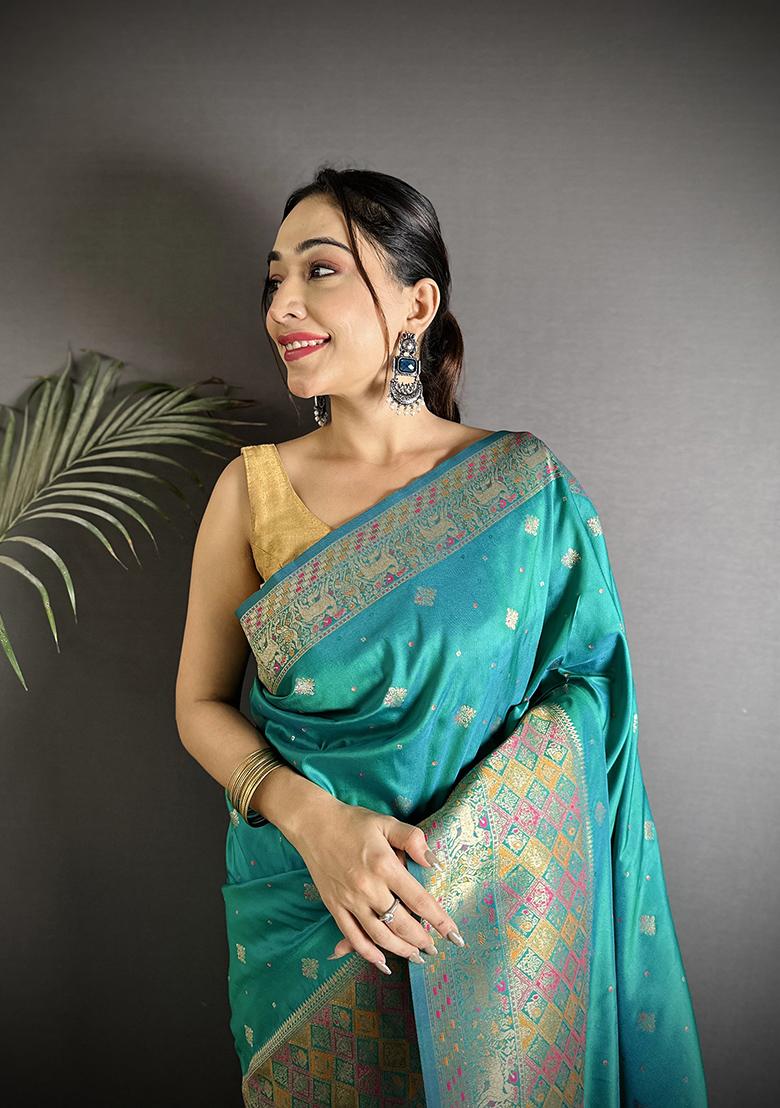 Teal Green Multicolour Minakari Weaving Silk Saree Set - Indya