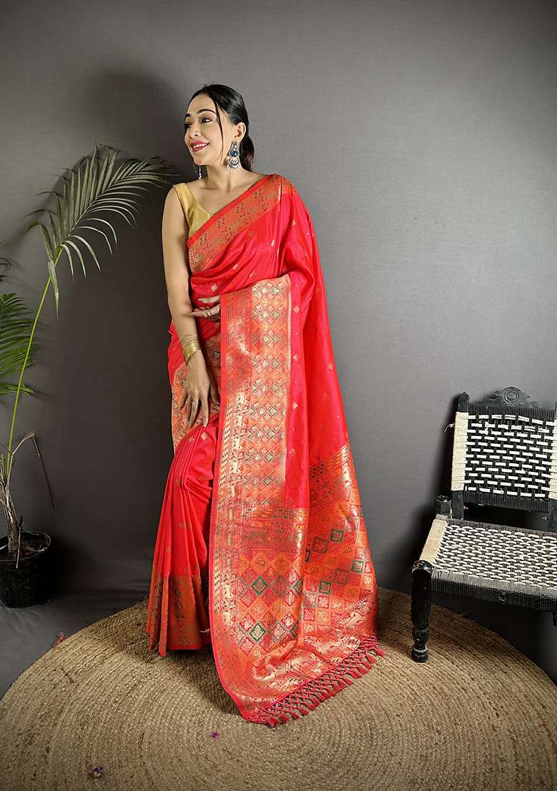 Coral Red Multicolour Minakari Weaving Silk Blend Saree Set for Diwali and Festive Wear - Indya