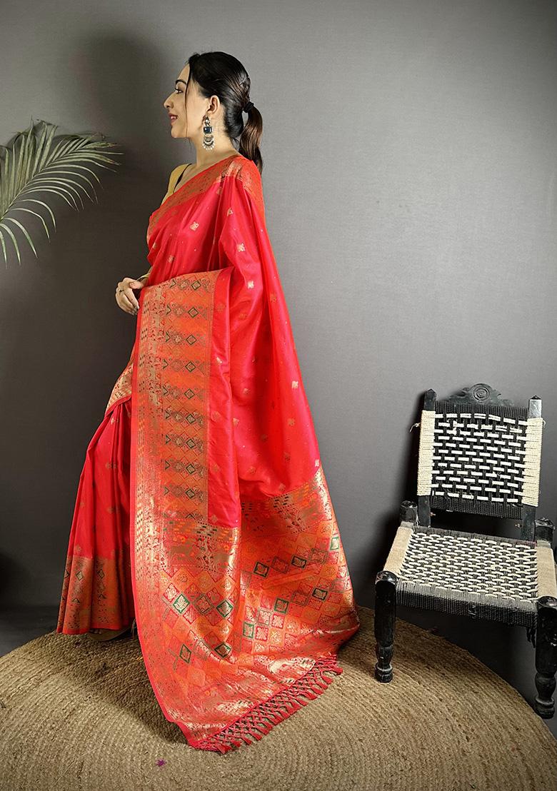 Coral Red Multicolour Minakari Weaving Silk Saree Set - Indya
