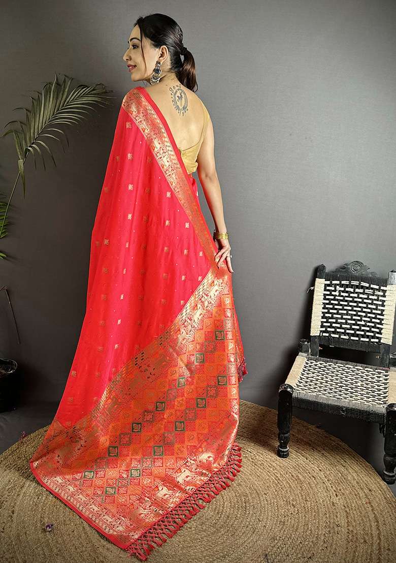 Coral Red Multicolour Minakari Weaving Silk Blend Saree Set for Diwali and Festive Wear - Indya
